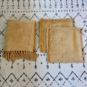 Pottery Barn Mustard Yellow Tasseled Fringe Throw Blanket and 2 Pillow Cases